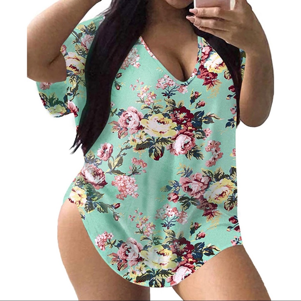 Women’s Plus Size Floral Tunic Top Turquoise